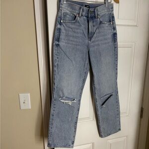 Express high rise straight ankle jeans, distressed at knees